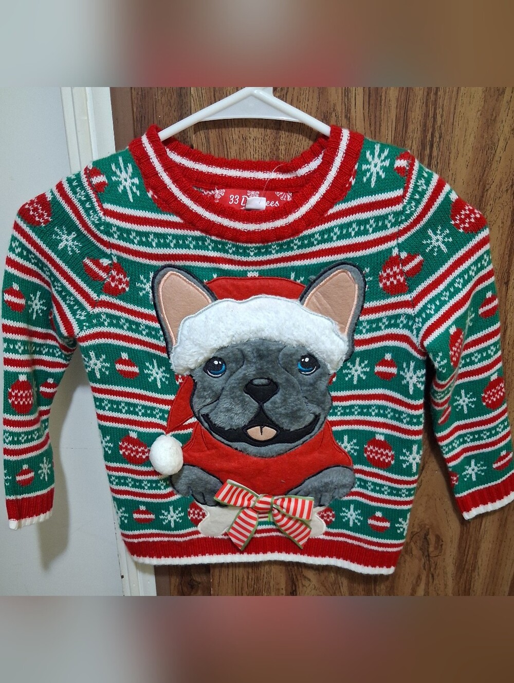 Kids Holiday French Bulldog Sweater - Red & Green